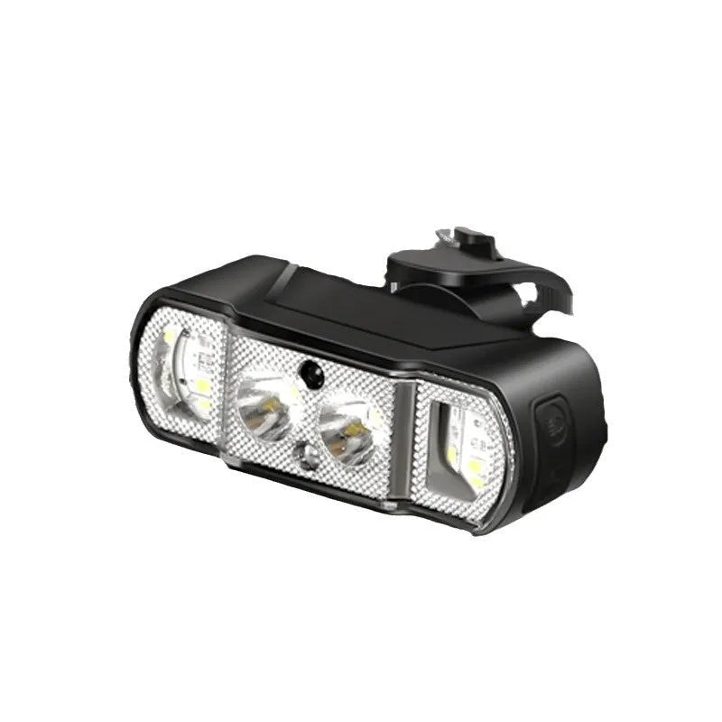 Black USB rechargeable bicycle headlight with 350 lumen output mounted on handlebars