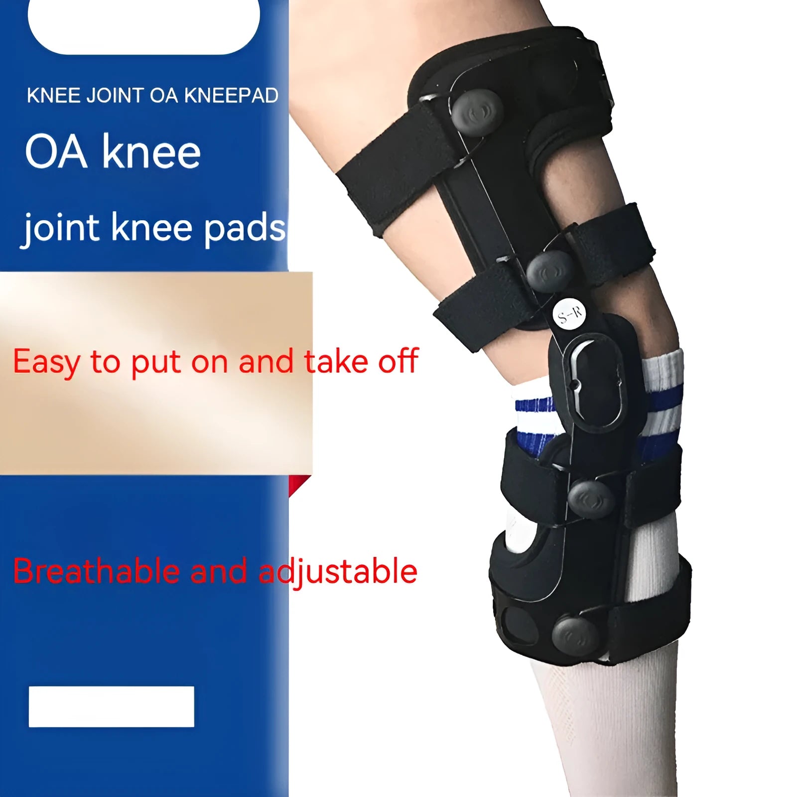 Black anterior ligament knee supporter with adjustable straps, shown on a knee.