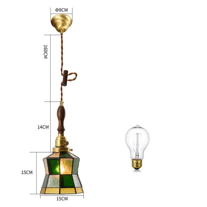 Japanese retro brass and glass chandelier with hand-blown shades and walnut wood details