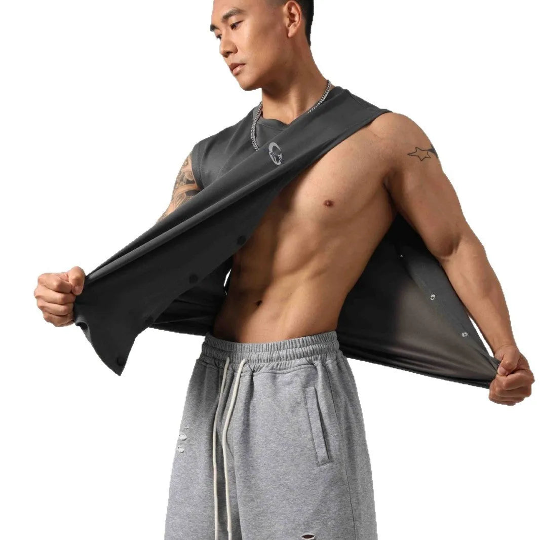 Korean style men's loose fitness vest with hidden hook design in solid colour