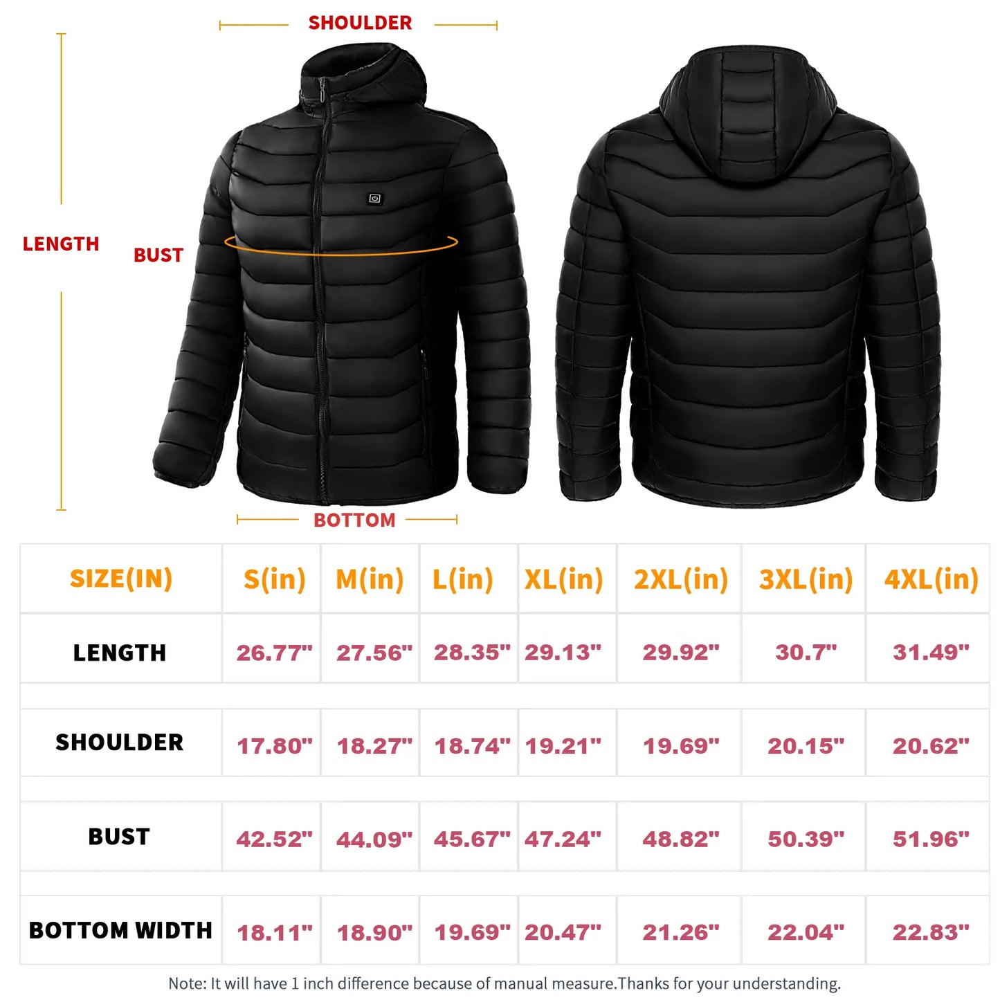 Heated Puffer Jacket for Men - Ski-Ready with Electric Heating Zones-Unisex Smart Heated Puffer Jacket - Lightweight USB Electric Heating Coat with Insulated Hood & 9 Heat Zones