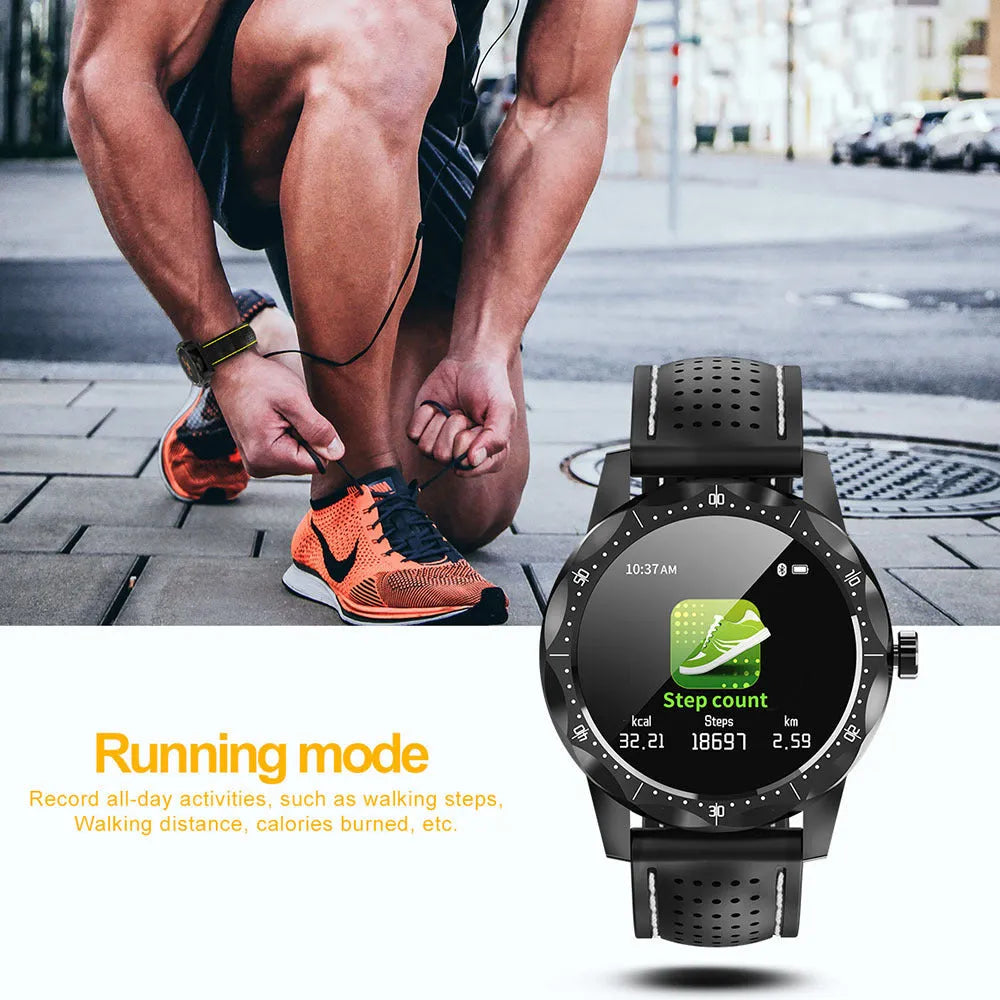 COLMI SKY1 smart watch in red, white, or yellow with colour touch display showing heart rate data.