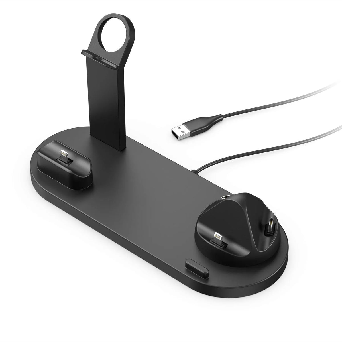 Black universal mobile phone and smartwatch charging stand with wireless pad on desk
