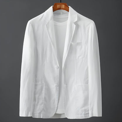 Men's slim fit linen suit jacket in chlorine fibre with nine-point sleeves and mid-length cut
