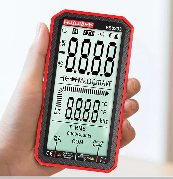 Large screen digital multimeter with automatic ranging in black colour, handheld design for electrical testing