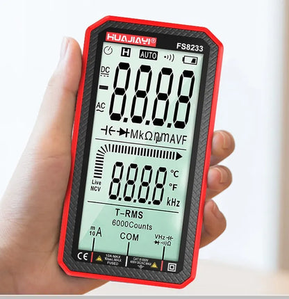 Large screen digital multimeter with automatic ranging in black colour, handheld design for electrical testing