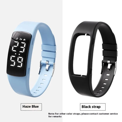 Smart electronic watch with vibration alarm on a silicone strap, showing LED display and 11mm thick case.