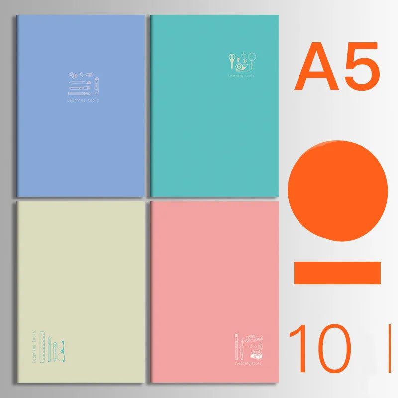 Pack of ten A5 kraft paper thread-bound notebooks with artistic cover designs lying flat.
