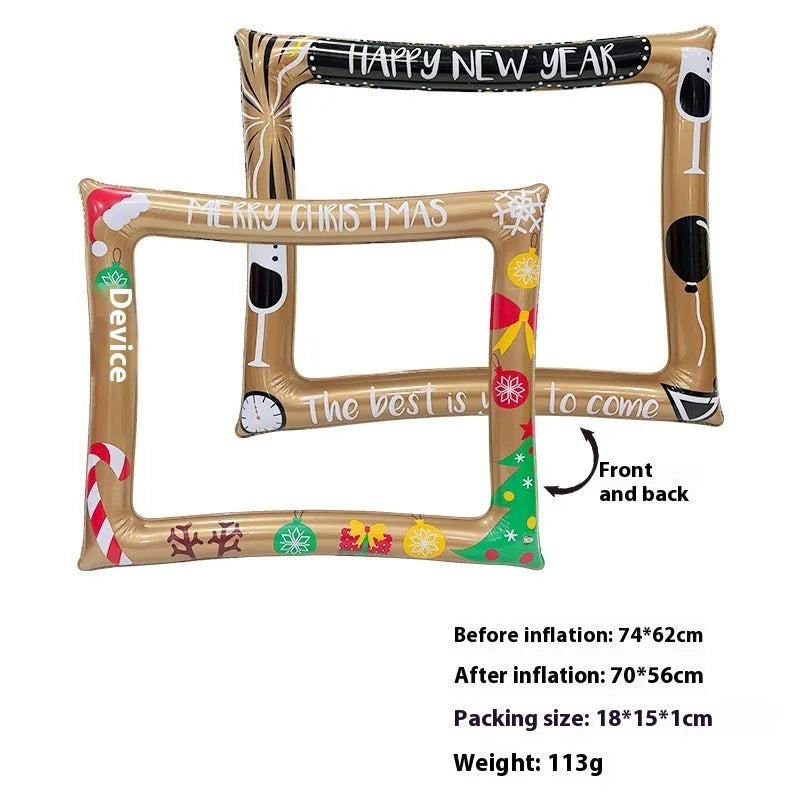 Christmas inflatable photo frame showing PVC construction with holiday designs, approximately 150cm tall for full-body photos