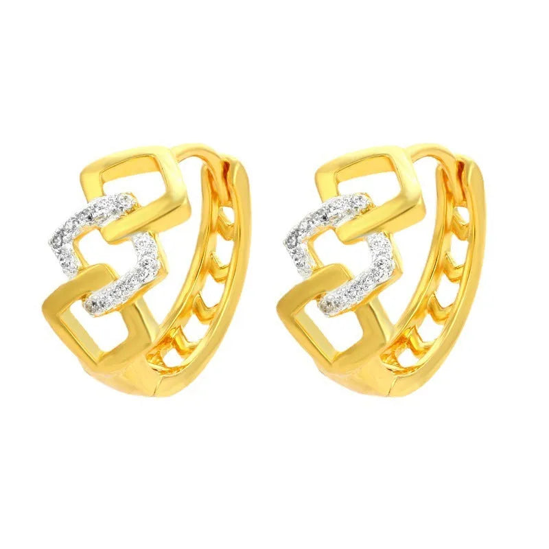 Pair of gold geometric earrings with hollow-out design and a two-tone colour detail on the ear clip fastener.