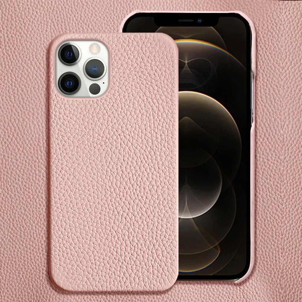 Genuine cowhide leather iPhone case in brown with anti-drop design and tempered film included.