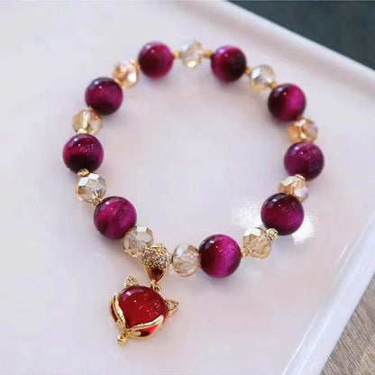 Handcrafted Tigereye stone bracelet with choice of single or double chain in green or rose red colours