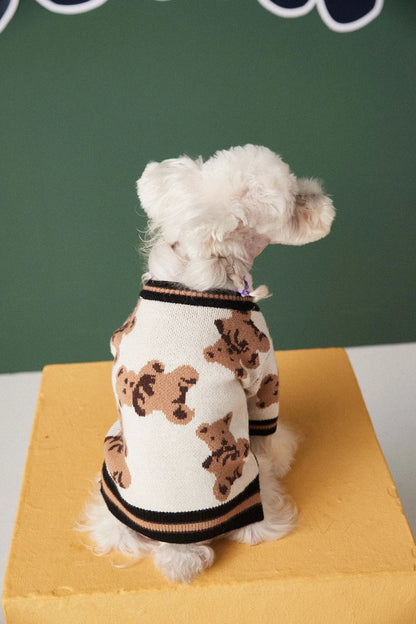 Cosy knitted pet jumper in classic British striped design, available in light blue, beige, and red colours
