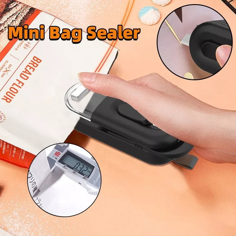 Handheld portable food bag sealer in black, white, or lake blue with sealing and cutting functions