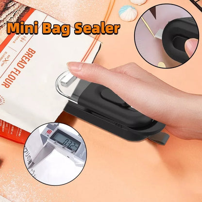 Handheld portable food bag sealer in black, white, or lake blue with sealing and cutting functions