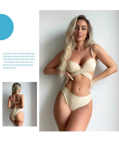 White three-piece backless push-up bikini set with matching skirt on a mannequin.