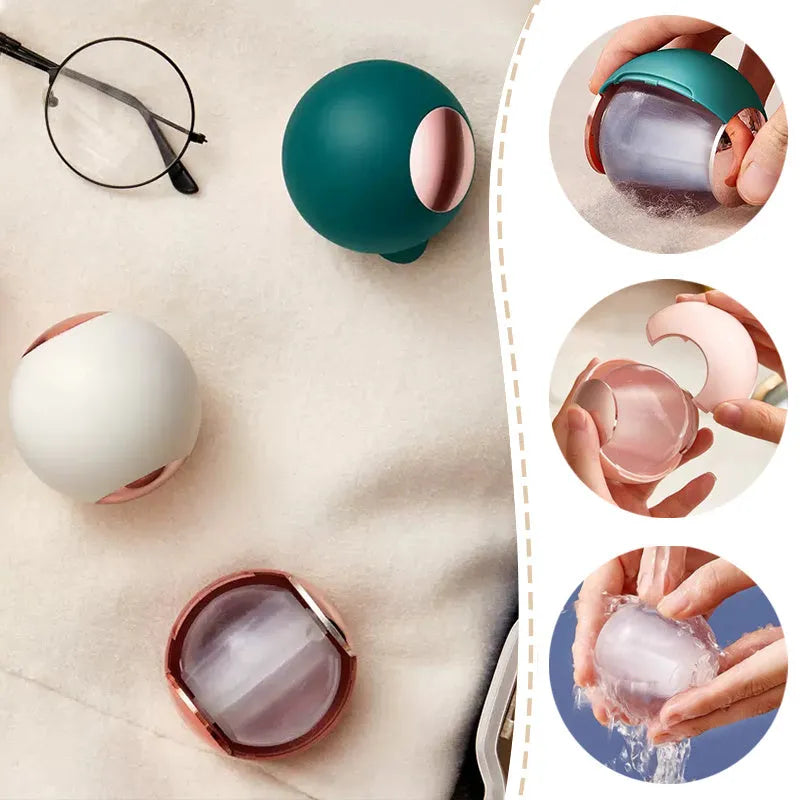 Washable reusable lint roller ball with handle for removing pet hair from fabrics.
