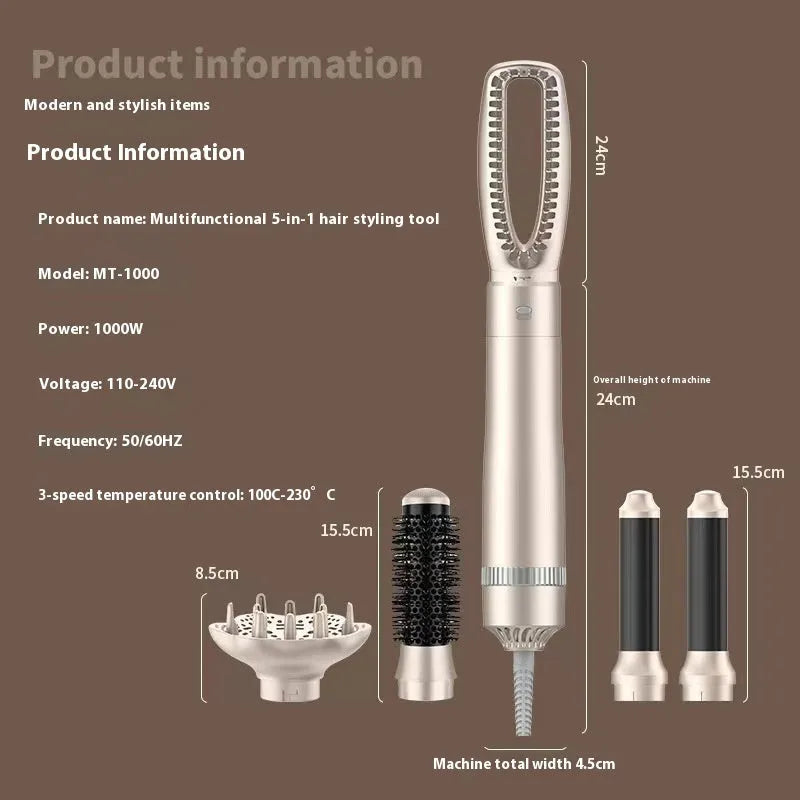 Champagne gold hot air comb hair curler with five-in-one multi-function styling capabilities