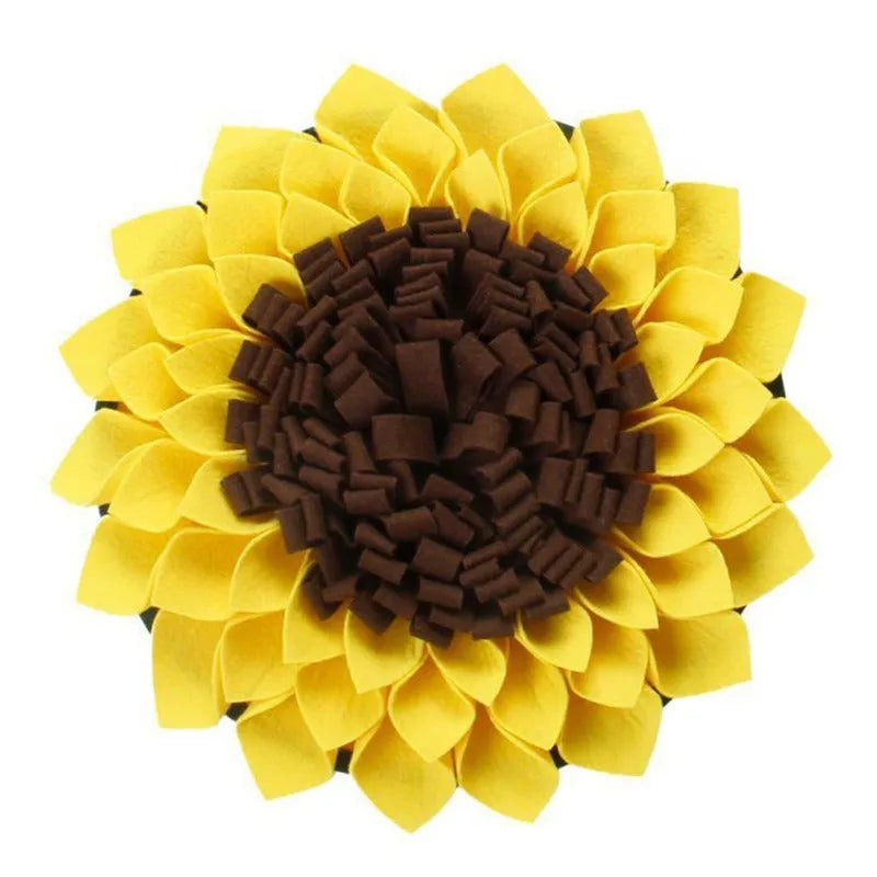 Yellow sunflower snuffle mat for dogs with rope and buckle attachment
