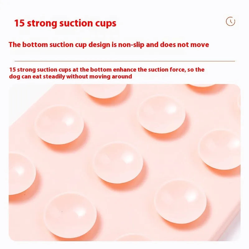 Silicone pet licking mat with suction cup base in pink, grey, or khaki colour options