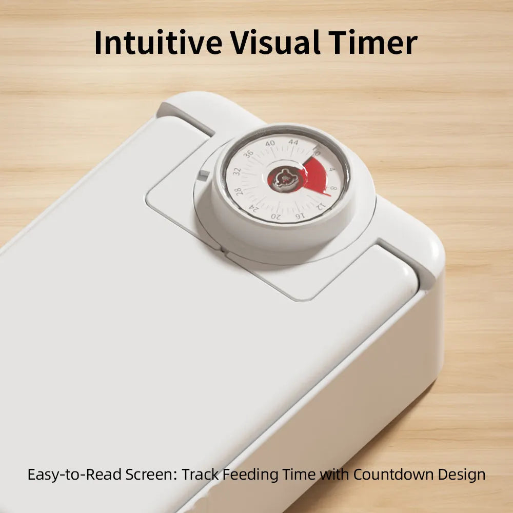 White automatic pet feeder with timer display, ice crystal cooling box, and modular connectors.