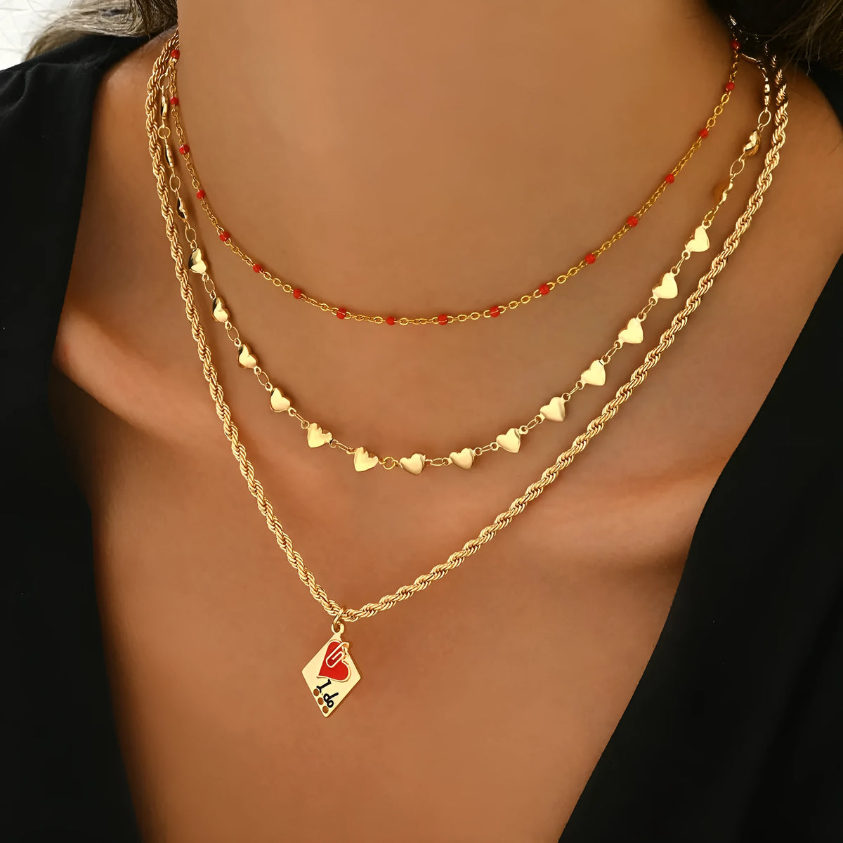 Three-layer geometric clavicle chain necklace with heart pendant on adjustable zinc alloy chain