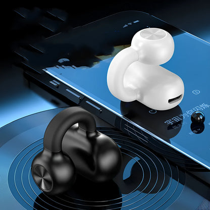 Black wireless Bluetooth clip-on earphones with bone conduction technology on a white background.