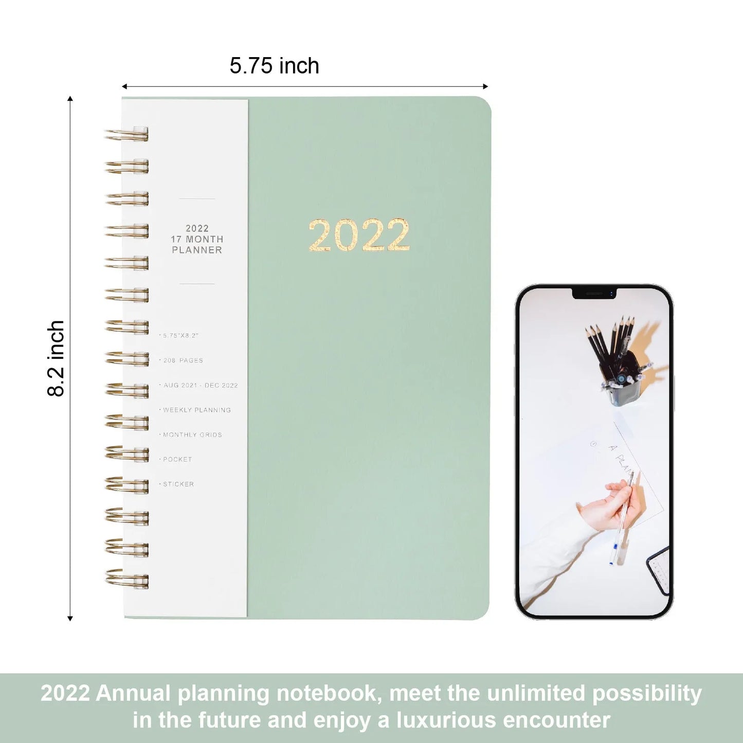2022 week planner notebook with PU leather cover and coil binding, showing month grid pages