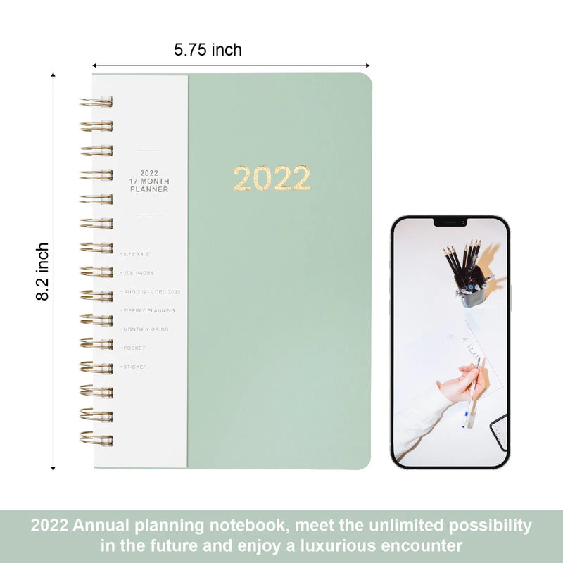 2022 Week Planner Notebook, 17-month academic calendar from January 2022 to May 2023, PU leather cover with coil binding, approx 8.2 x 5.2 inches, includes month grid pages and interior pockets for students, teachers, and office professionals.