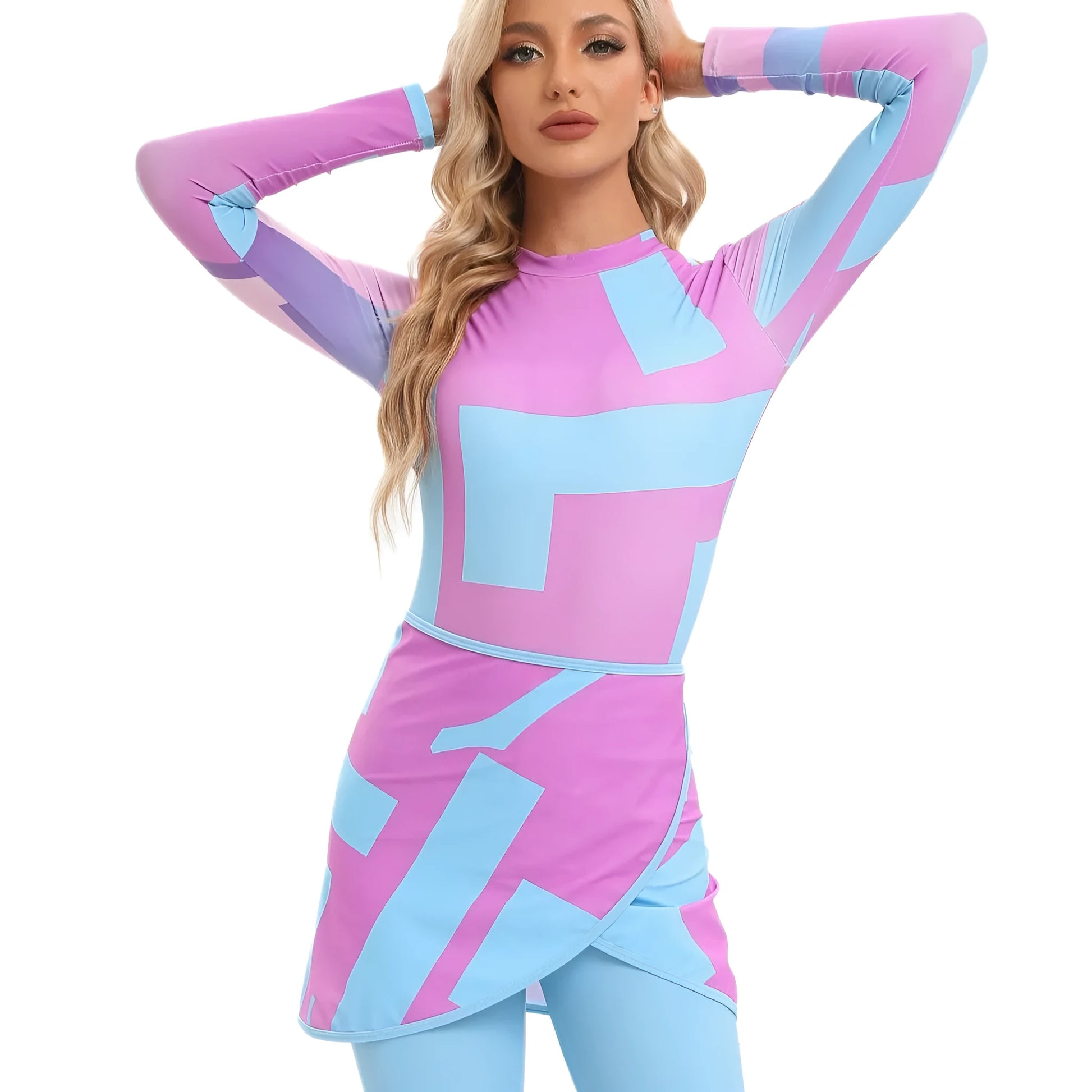 Muslim conservative beach swimsuit three-piece set with long sleeves and matching apron in polyester fabric