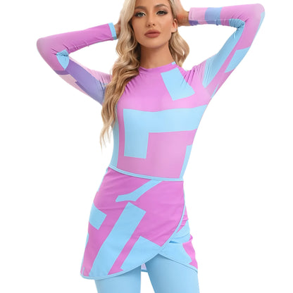 Muslim conservative beach swimsuit three-piece set with long sleeves and matching apron in polyester fabric