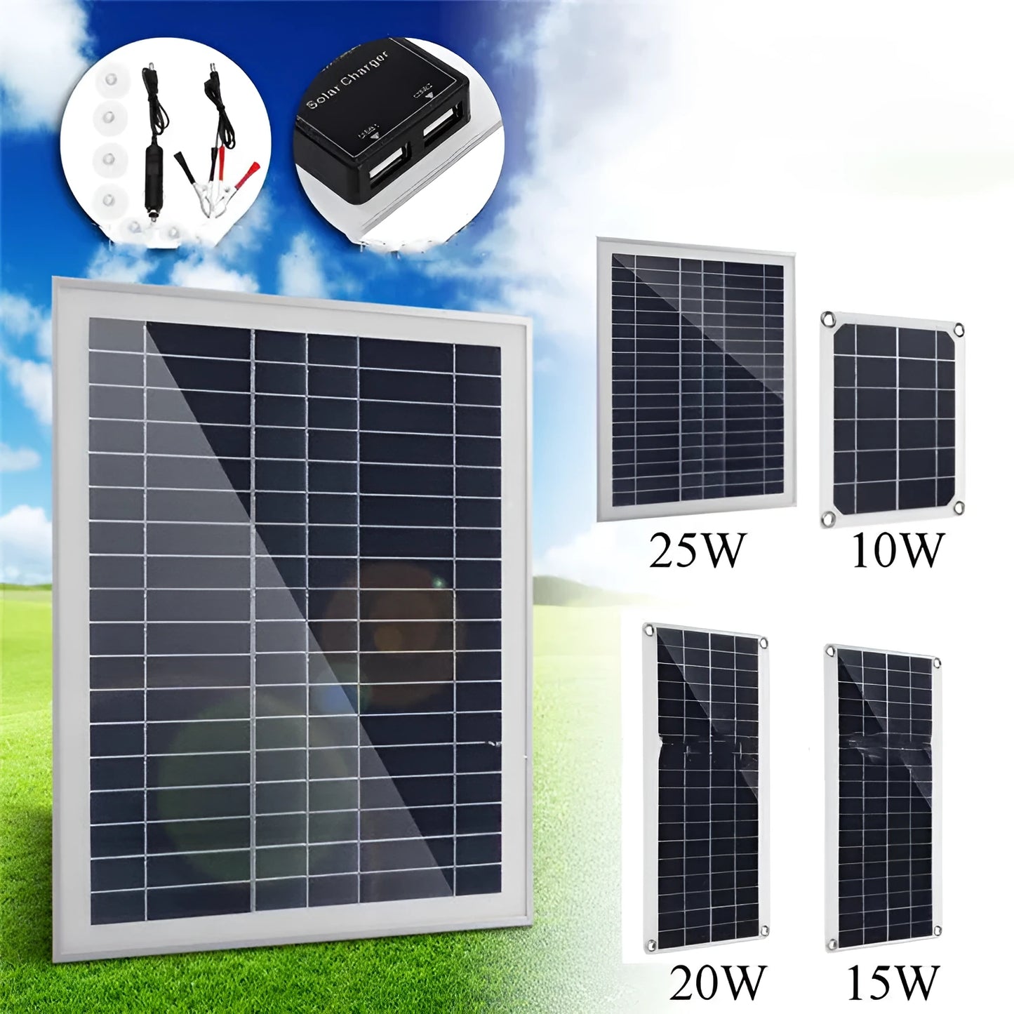 Polysilicon solar panel with dual USB ports for outdoor charging of mobile phones and tablets.