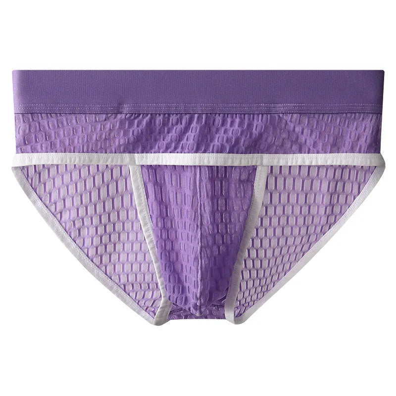 Men's solid colour lace briefs with mid-rise waist and U-pouch design
