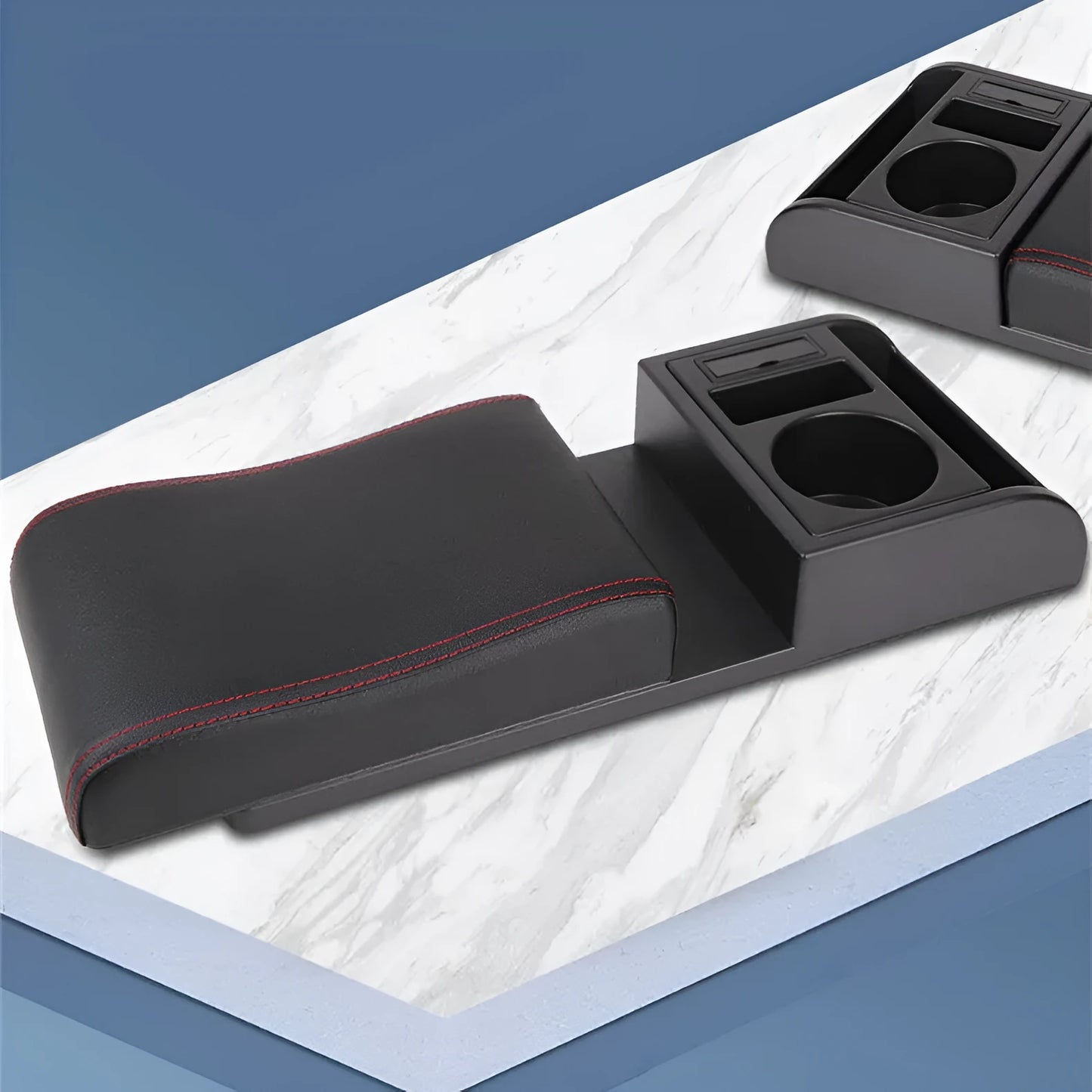 Universal plastic car armrest cover showing height increase with PU leather and carbon fibre surface options