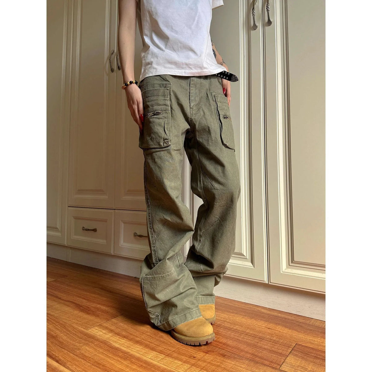 Green and black cotton work trousers with double zip and pockets