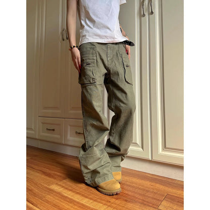 Green and black cotton work trousers with double zip and pockets