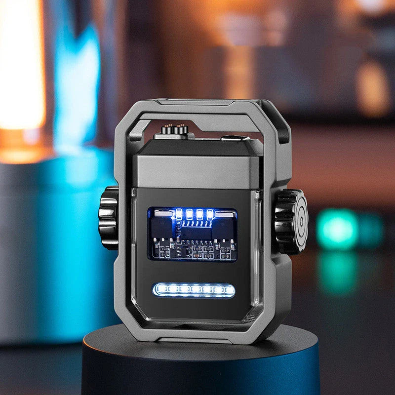 Rechargeable dual-arc windproof lighter with gyroscope decompression mechanism, available in multiple colors