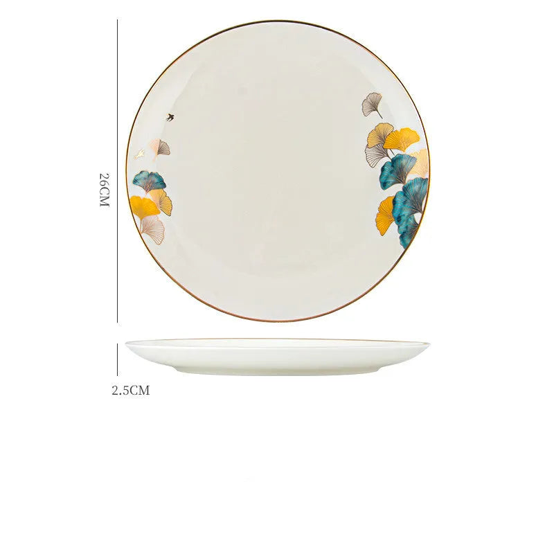 Round porcelain dinner plate with Nordic plant and flower design, flat disk shape, glaze colour finish