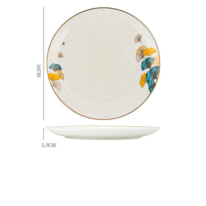 Round porcelain dinner plate with Nordic plant and flower design, flat disk shape, glaze colour finish