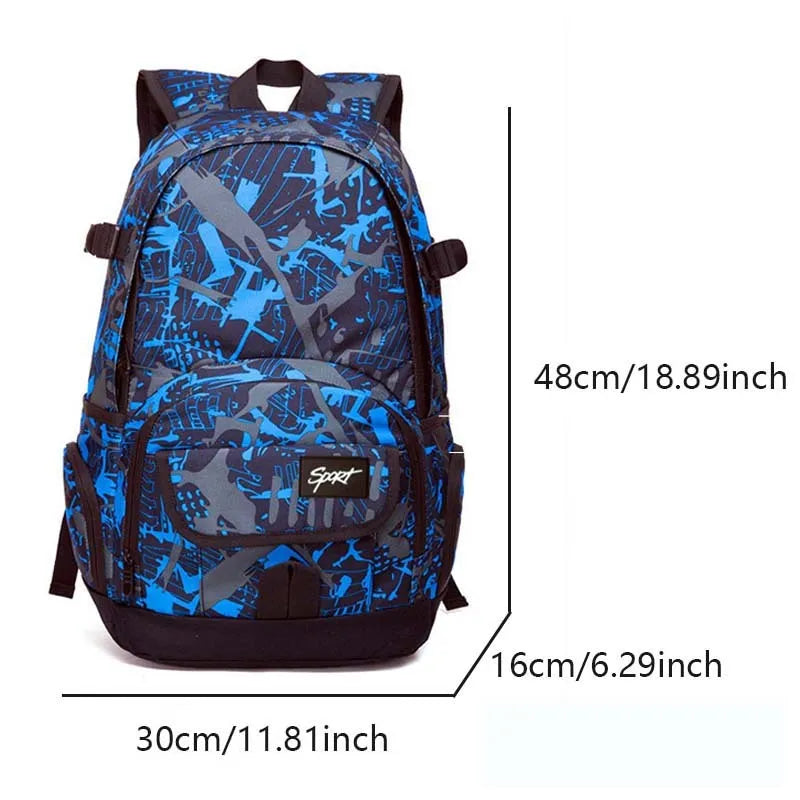 Blue nylon backpack showing front organisational pockets, side water bottle holder, and adjustable shoulder straps