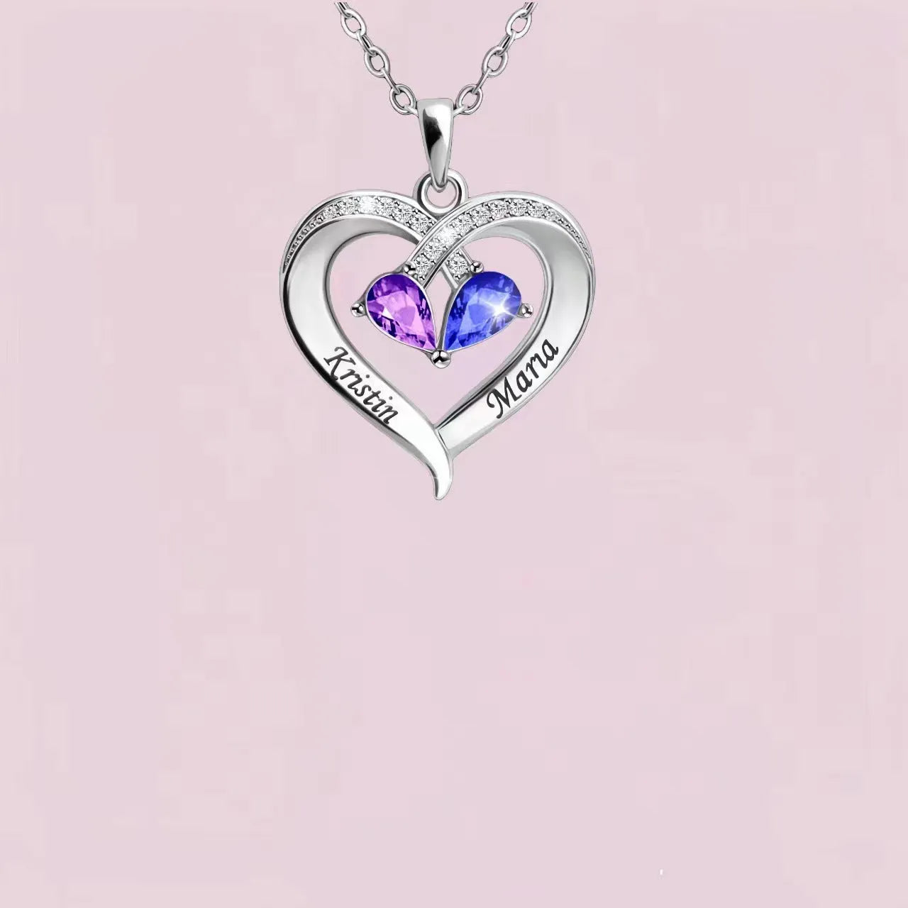 Two-colour water drop heart pendant necklace with diamond and 12 birthstones for women.