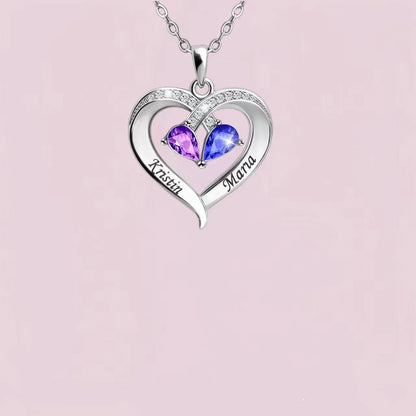 Two-colour water drop heart pendant necklace with diamond and 12 birthstones for women.