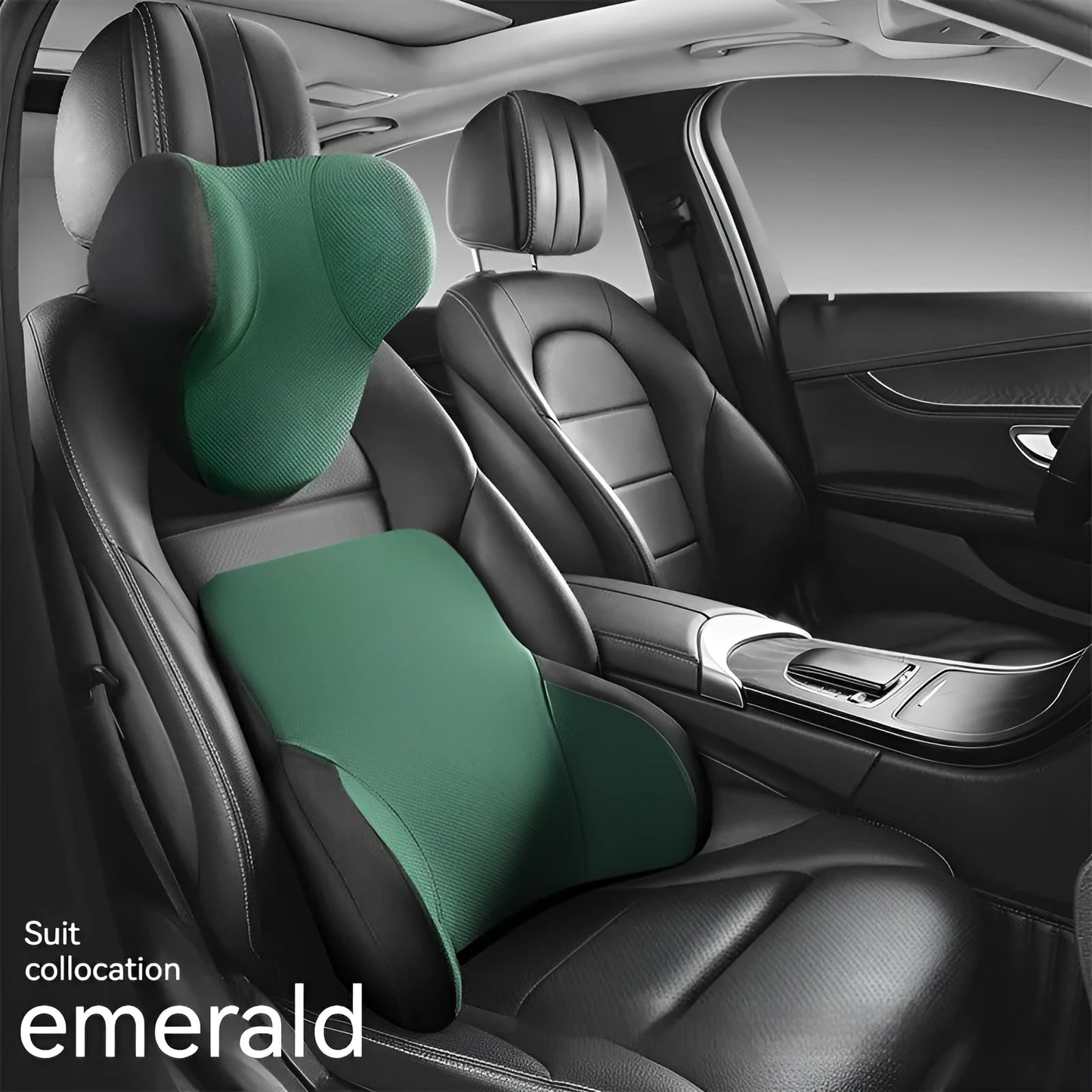 Memory foam car lumbar support pillow and matching headrest in knitted fabric with latex filler