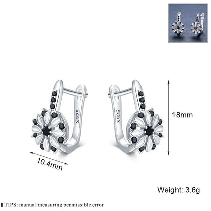 Copper flower ear clips with zircon inlays for women, black colour variant