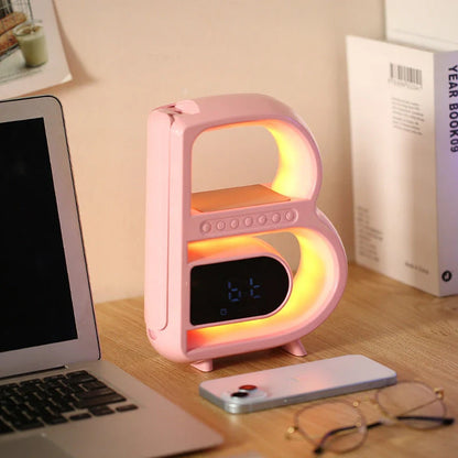 Multifunctional B-shaped Bluetooth speaker lamp with wireless charging, adjustable lighting, and alarm clock features