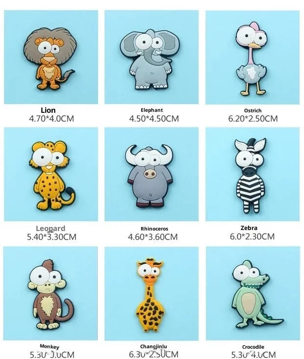 Nine PVC soft rubber cartoon animal fridge stickers including monkey, crocodile, leopard, lion, zebra, elephant, giraffe, and ostrich.