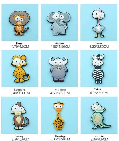 Nine PVC soft rubber cartoon animal fridge stickers including monkey, crocodile, leopard, lion, zebra, elephant, giraffe, and ostrich.