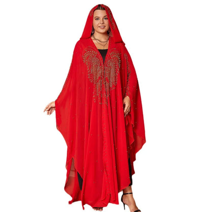 Purple chiffon Muslim style shawl with rhinestone beaded trim laid flat showing its long length.