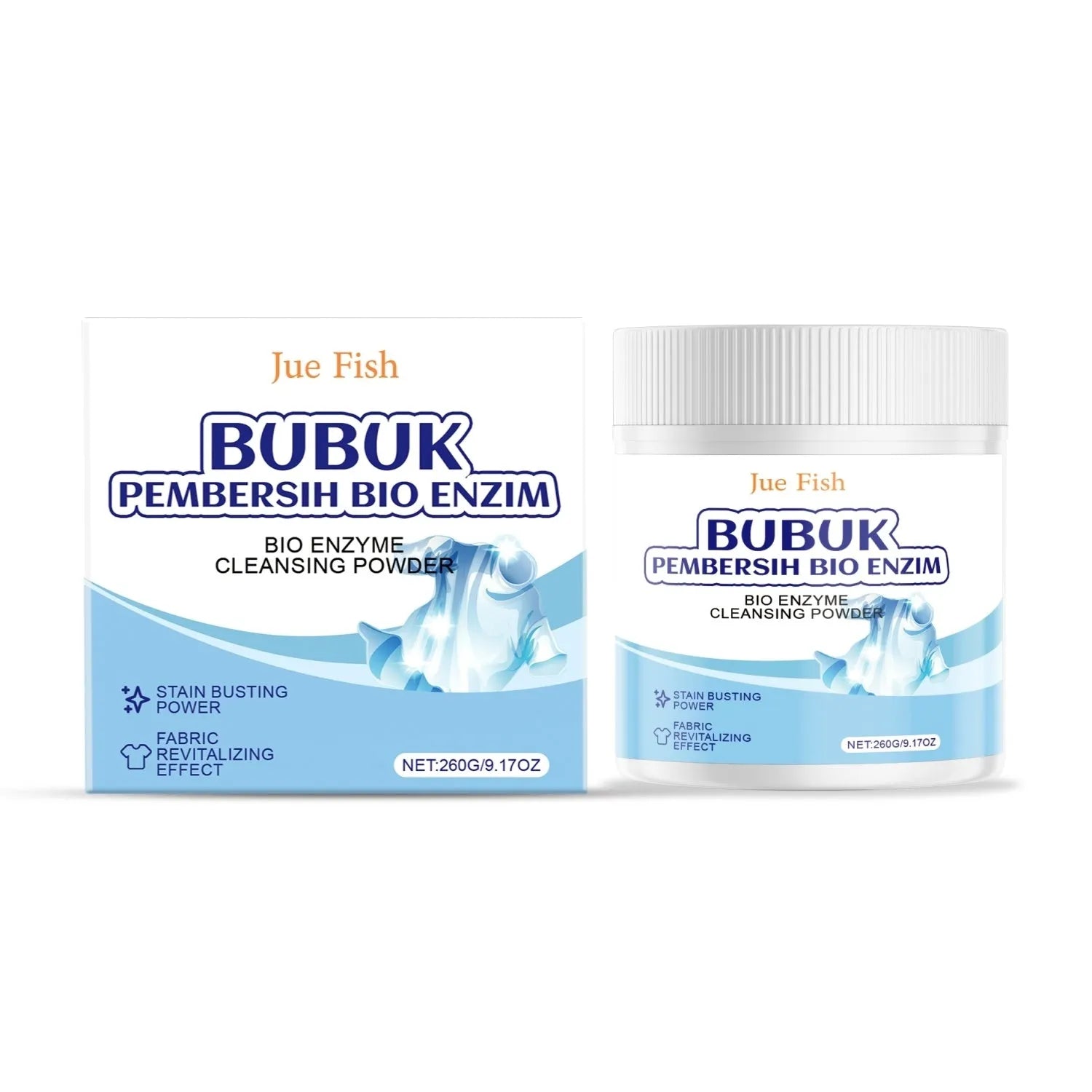 260g bio enzyme cleansing powder container with ingredients label showing sodium percarbonate and biological protease