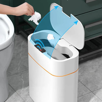 White smart induction trash can with automatic opening lid for kitchen or bathroom use